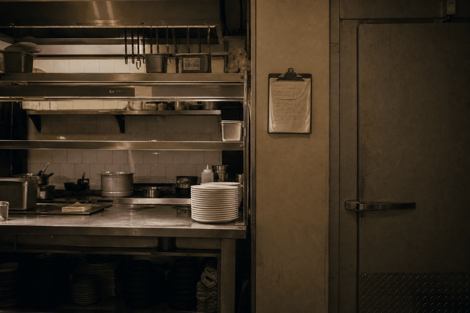 A small restaurant kitchen after service, with a clipboard hanging beside the walk-in door